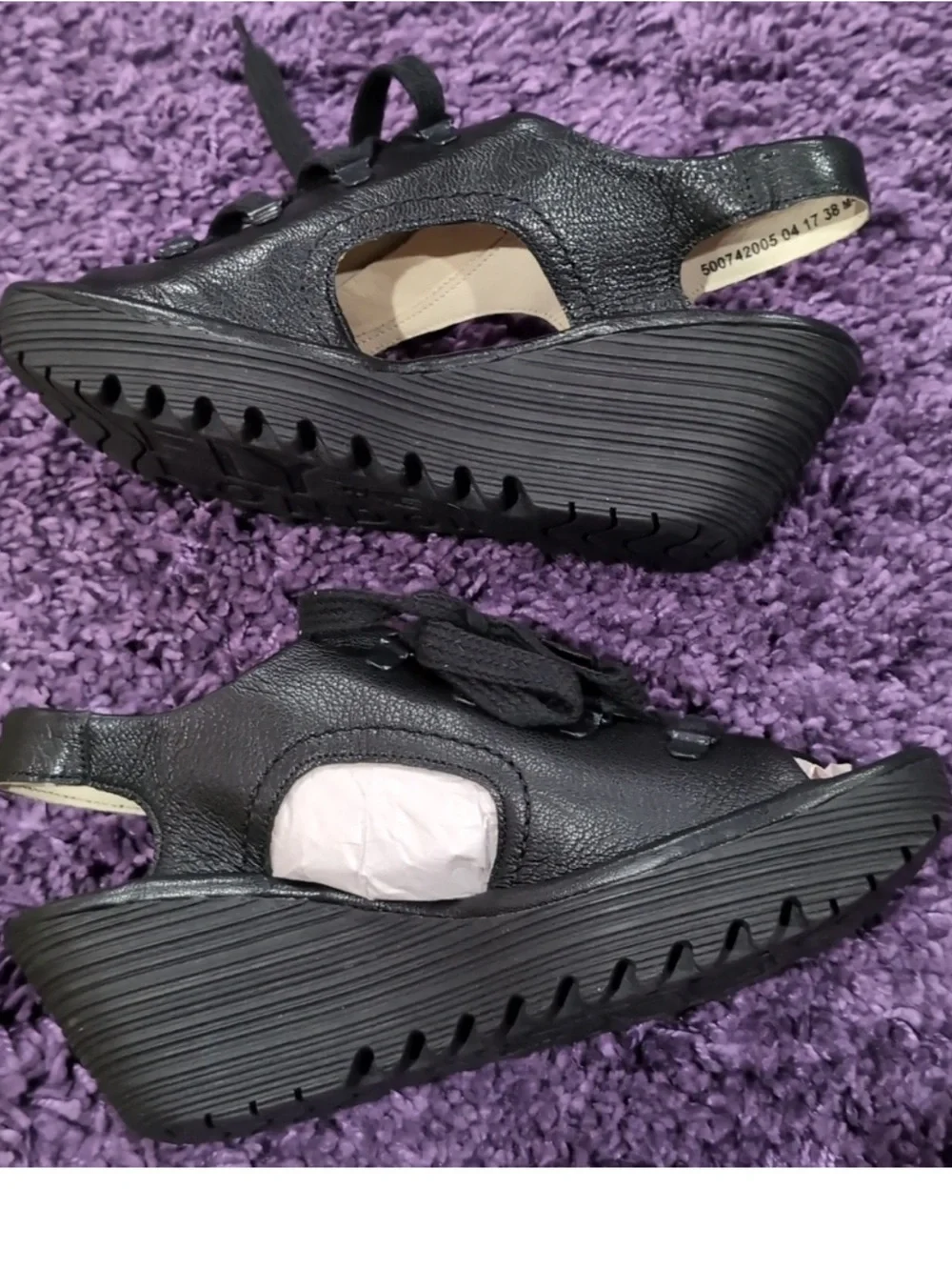 Fly London Mousse Black  Leather Lace Up Wedge Sandal  SZ 38  US 7 -7.5